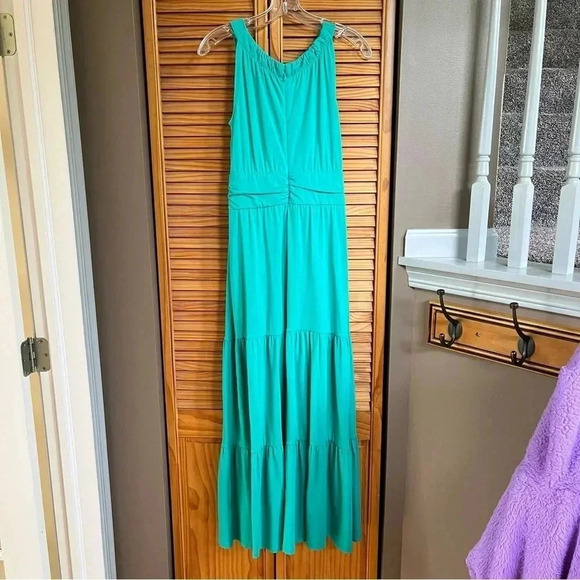 Talbots Sleeveless Aqua Color Soft Knit Maxi Dress Petites Size P Tiered Flowy - Picture 2 of 8